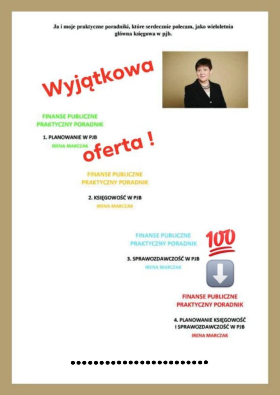 Plakat promocyjny poradników Ireny Mańczak o finansach publicznych, podobny do pliku 1.jpg, ale z dodanymi czerwonymi elementami graficznymi. Widoczny jest duży, ukośny napis "Wyjątkowa oferta!", symbol "100" w czerwonym kółku oraz ikona szarego przycisku z białą strzałką w dół, sugerująca możliwość pobrania.